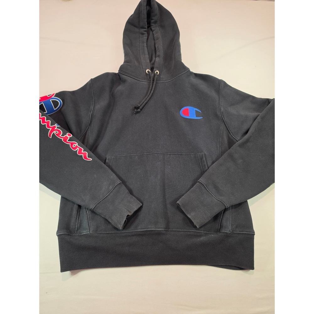 Champion Reverse Weave Hoodie Black Script Sleeve Logo Sweatshirt GF68‎ Small